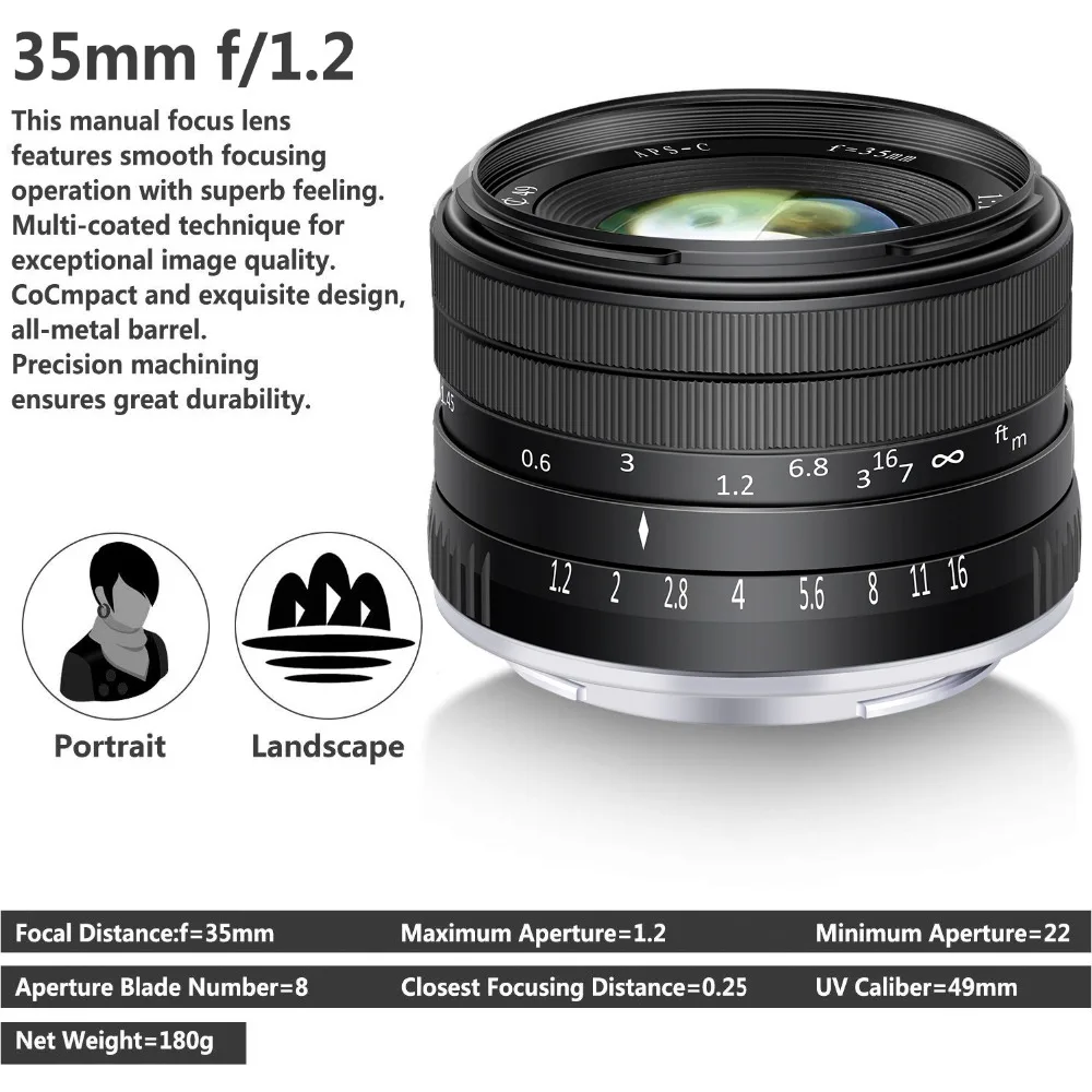 Neewer 35mm f/1.2 Large Aperture Aluminum Wide Angle Lens Manual Focus Prime Fixed APS-C Lens suitable for Olypums Panasonic