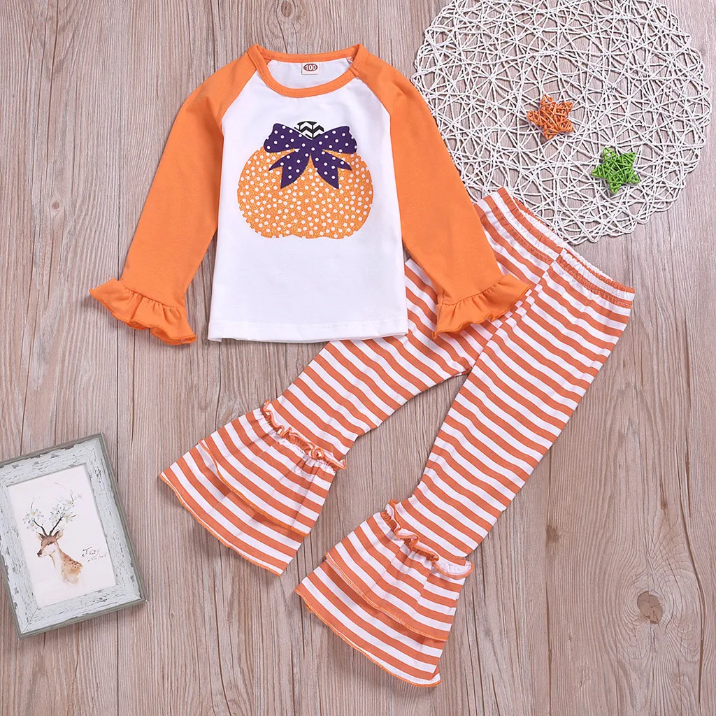 

Oeak Infant Baby Girls Halloween Sets Toddler Pumpkin Print Long Sleeve Tops Striped Bell-bottoms Pants Autumn Outfits