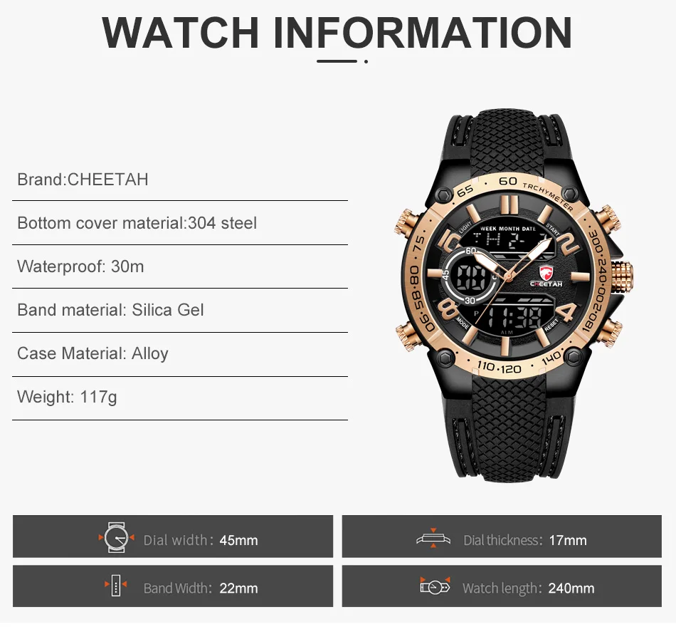 Топ люксовый бренд CHEETAH мужские часы модные спортивные наручные Цифровые кварцевые аналоговые часы водонепроницаемые мужские часы Relogio Masculino