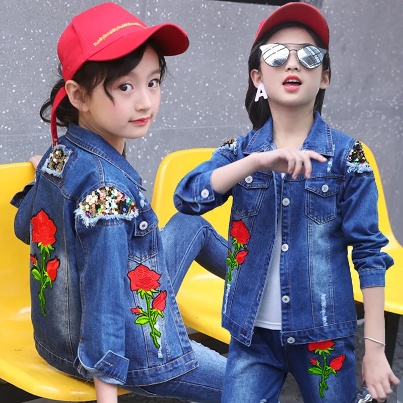 

2019 New Style Spring And Autumn Girls Cowboy Two-Piece Set Cowboy Middle And Large Children Denim Suit CHILDREN'S Suit