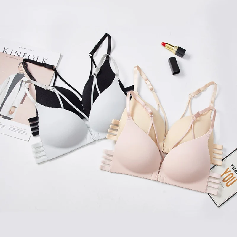 

Women Sexy Bras Solid Color Push Up Front Buckle Adjustable Bra Ladies Wire Free Fashion Striped Lace Bras
