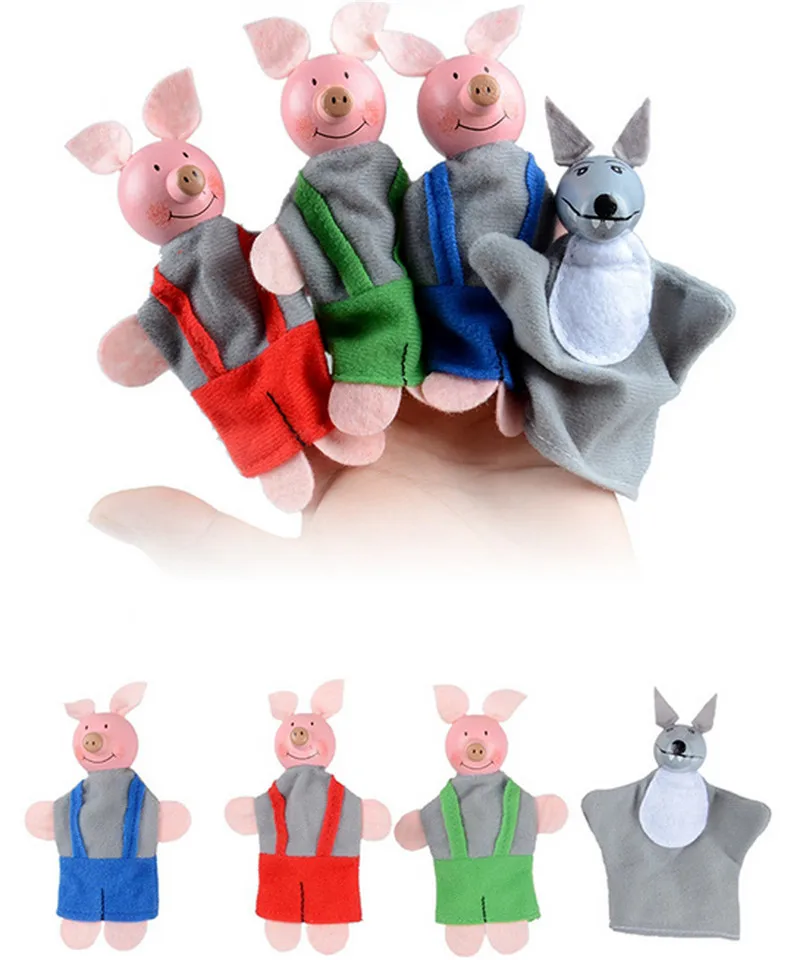 

4 PCS Toddler Educational Learning Three Little Pigs And Wolf Finger Hand Puppet Funny Gadgets Interesting Toy For Children Kids