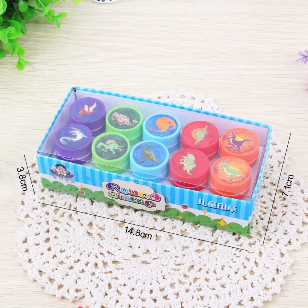 Cute Stamp Toy Cartoon Dinosaur Animal Marine Life Encourage Pattern Round Plastic DIY Toy Seal with Box for Kids 10 Pcs/Set