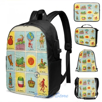 

Funny Graphic print Loteria USB Charge Backpack men School bags Women bag Travel laptop bag