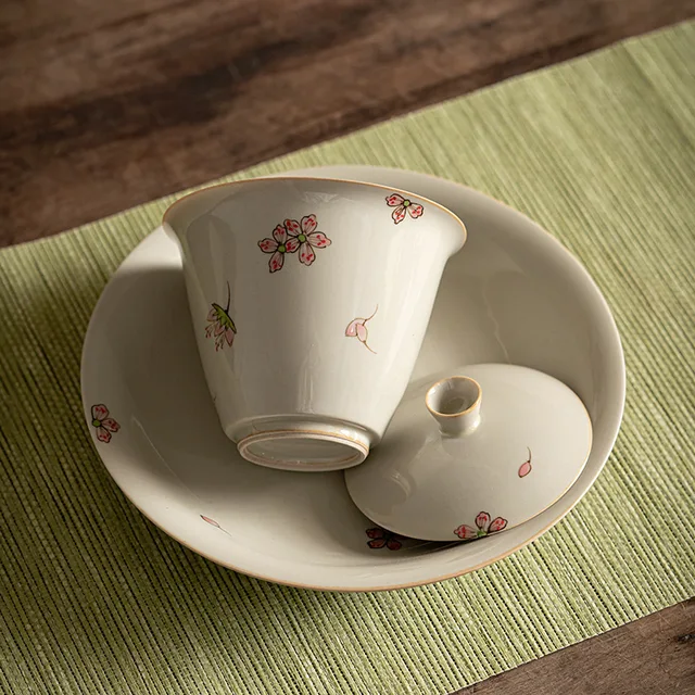 130 Ml Kézzel Festett Sakura Művészet Kerámia Tea Tureen Jégszürke Mázas Készítő Gaiwan Japán Sancai Borító Tál Kung Fu Teárfészek Készlet - Image 3