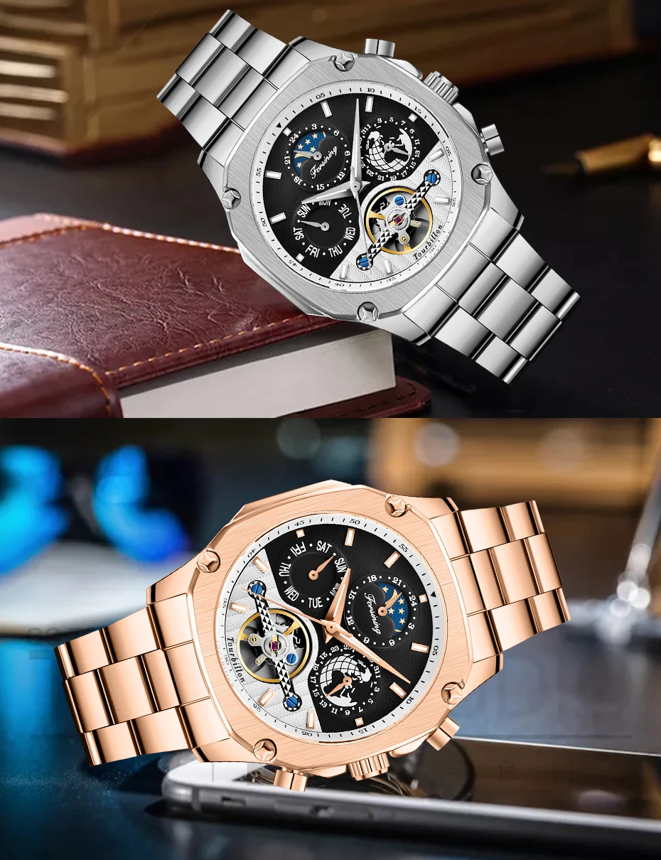 Бренд Forsining, мужские механические часы, автоматические, фаза Луны, Tourbillon, дата земли, розовое золото, стальной ремень, часы, Relogio Masculino