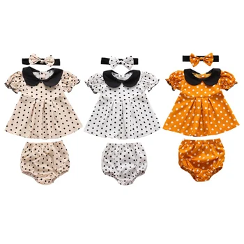 

3pcs/set Summer Baby Girl Clothes Dot Print Dress Top+Bread Pants+Bow Hairband Infant Girls Outfits Set