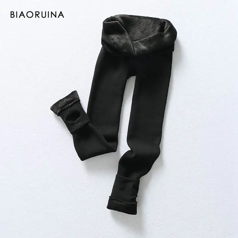 Черный BIAORUINA, Женские однотонные тонкие леггинсы с подкладкой из плотного флиса, с высокой талией, женские зимние теплые повседневные леггинсы, на ногу - Цвет: Черный