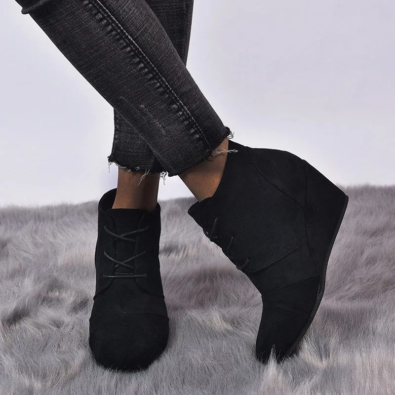

2020 Pointed Toe Booties Winter Women Leopard Ankle Boots Lace Up Footwear Platform High Heels Wedges Shoes Woman Bota Feminina