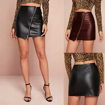 

Meihuida 2020 Pu Leather Sexy Mini Skirts Women High Waist Skirt Autumn Metal Hoop Zipper Slim Pencil Skirts For Women Clothes
