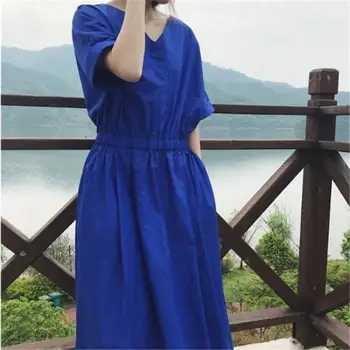 

Women Summer Dress 2020 Plus Size Casual Thin Elegant V-neck Slim Waist Dresses Solid Female Beach Ladies Maxi Long Dress New