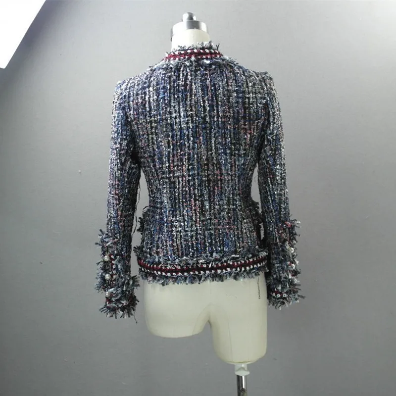 

Italian 2020 New Autumn Runway Tweed Jacket Women Elegant Lady Slim Fit Fringed Twill OL Suit Pearls Double Breasted Office Coat