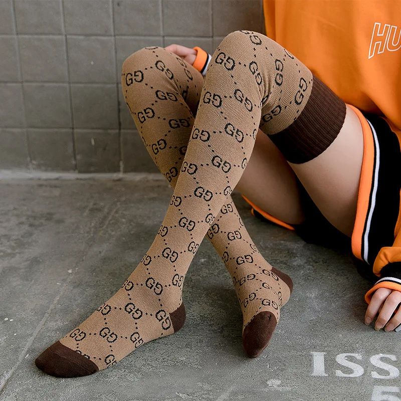

1 Pairs Keep Warm Cotton Knee Socks Girls Fashion Feet G letter Funny luxury Printed Socks Comfortable Floor brown Socks Warm