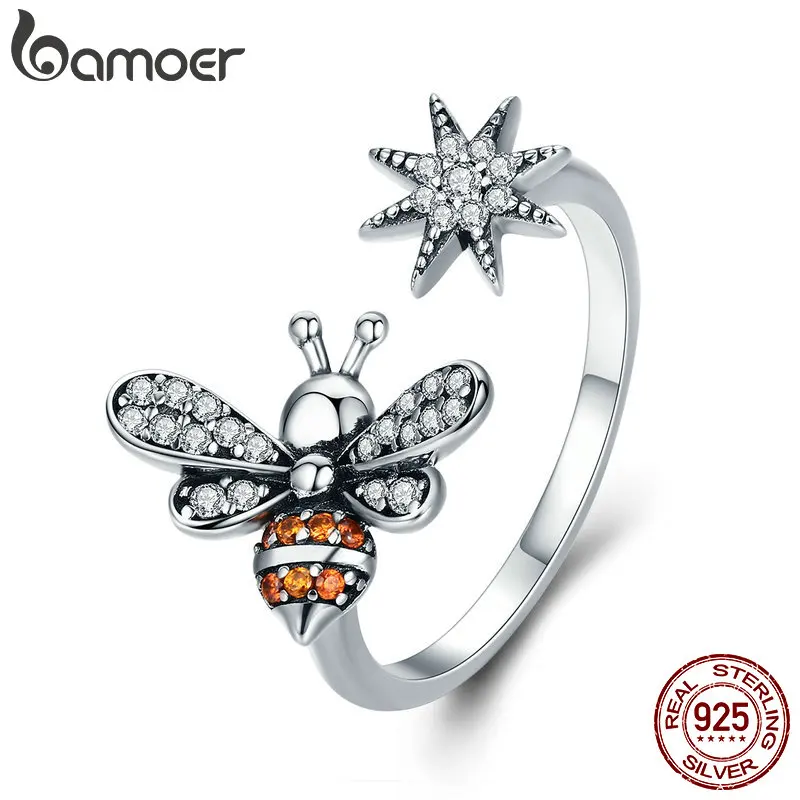 

BAMOER 100% 925 Sterling Silver Bee with Snowflake Clear CZ Open Size Finger Rings for Women Wedding Engagement Jewelry SCR334