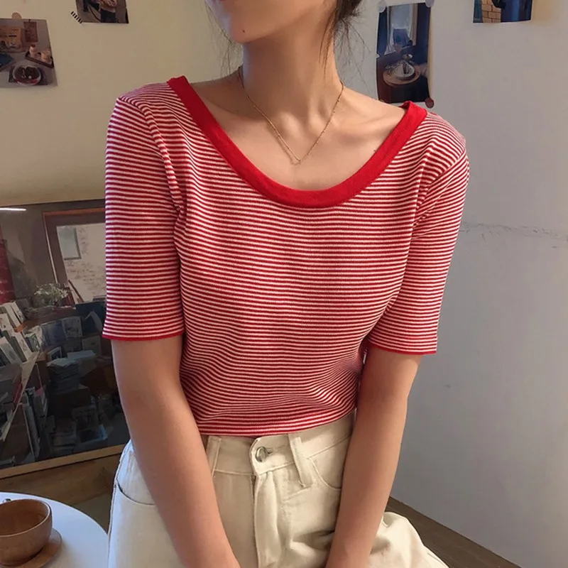 

Women Short Sleeve Casual T-shirt Summer Fashion Striped Female Tops Harajuku T-shirts