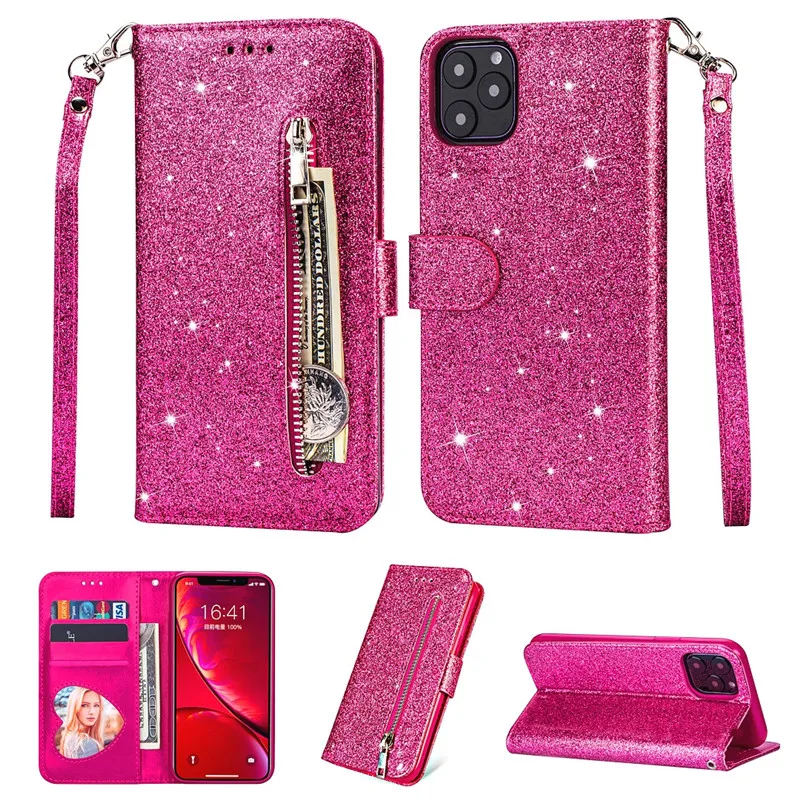 

Bling Glitter Case For iPhone 11 11 Pro Max Zipper Wallet Case for iphone Xs Max XR X 8 7 6 Plus Flip Leather Cover With Strap