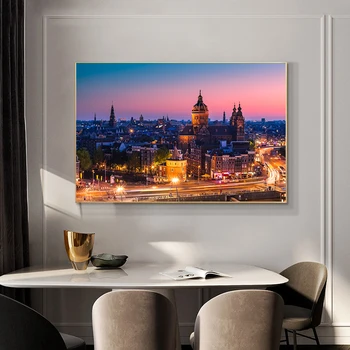 

Amsterdam Skyline Landscape Poster Netherlands Night Scene Cityscape Canvas Painting Prints Wall Art Cuadros for Home Decor