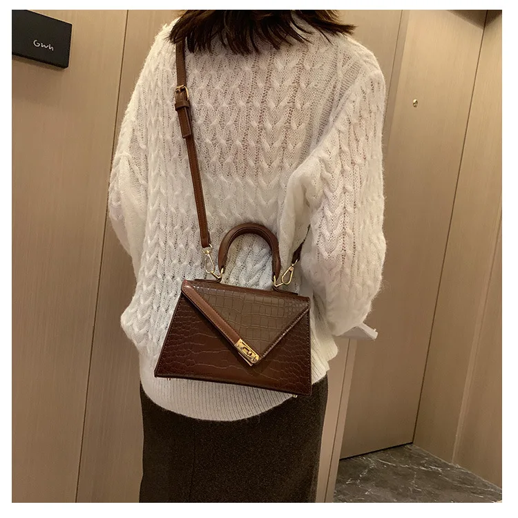 Women Small Top Handle Bag Luxury Brand Trapezoid Shaped Handbag for Women Girls Crocodile Print PU Leather Cross body Bag Beige (3)