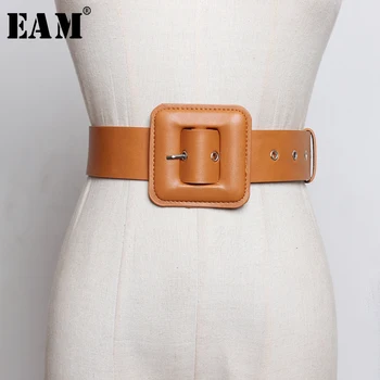 

[EAM] Pu Leather Multicolor Buckle Split Temperament Long Wide Belt Personality Women New Fashion All-match Spring 2020 1R119