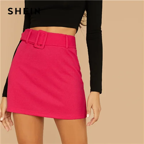 Bright Pink SHEIN черная пряжка с поясом однотонные юбки женские осенние Однотонные эластичные Высокая талия элегантная мини-юбка трапециевидной формы - Цвет: Bright Pink
