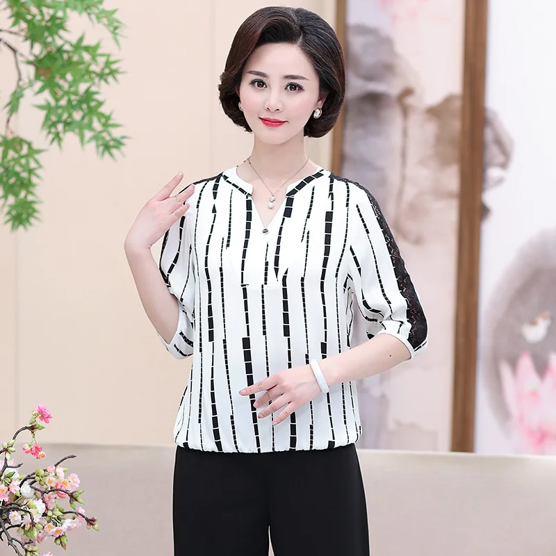

Mom Summer Wear Western Style Two-Piece 2019 New Style Middle Aged And Elderly People WOMEN'S Dress Summer Middle Sleeve T-shirt
