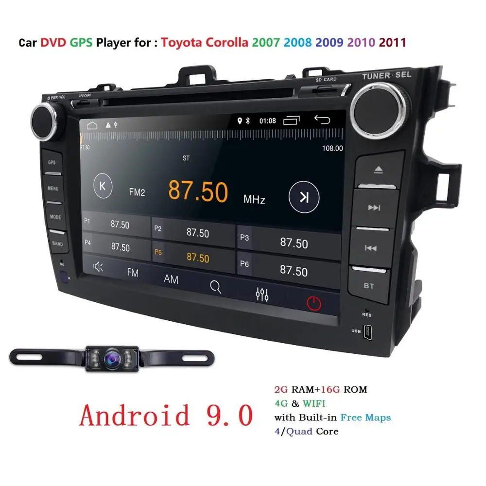 " 2Din Android 9.0 автомобиль DVD gps плеер для Toyota Corolla 2007-2011 Оперативная память: 2 Гб Bluetooth WI-FI OBD2 DAB Зеркало Ссылка+ карта+ Камера