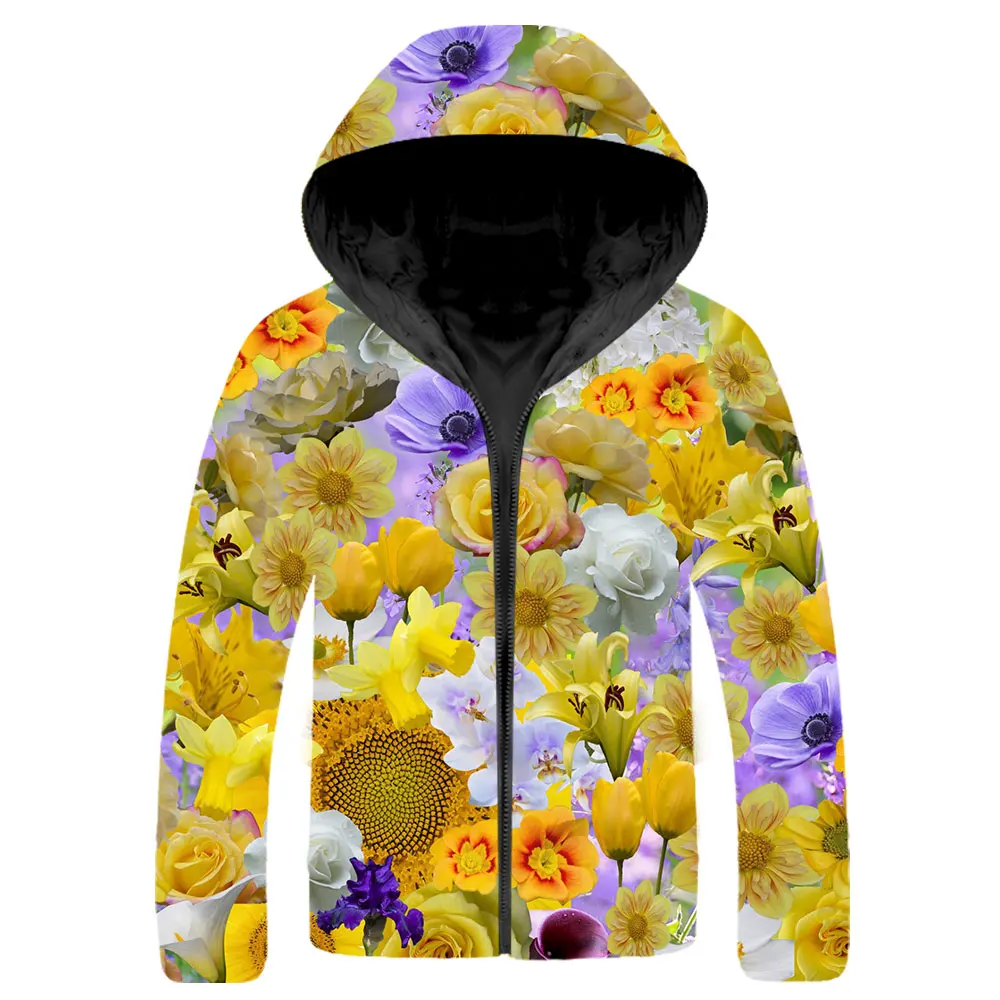 SONSPEE Casual Hip Hop Parkas 3D Print Fashion Flower Sunflower Rose Graphics Down Jacket Winter Keep Warm Streetwear Coats