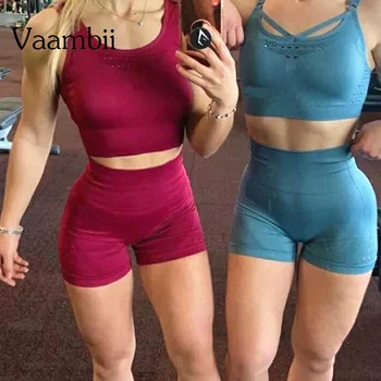

Seamless Yoga Sports Suit Summer Sleeveless Sportwear Gym Set Women Longline Sports Bra+High Waist Yoga Shorts 2 Pcs Fitness Set