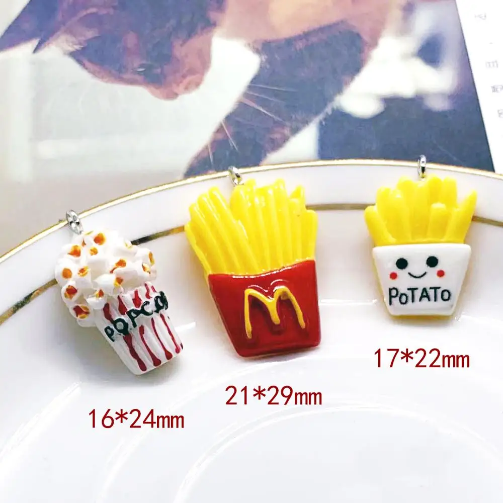 6 шт. плоская задняя Смола попкорн картофель фри чипсы миниатюрная еда сладкий Шарм кулон для DIY украшения серьги, брелок аксессуар