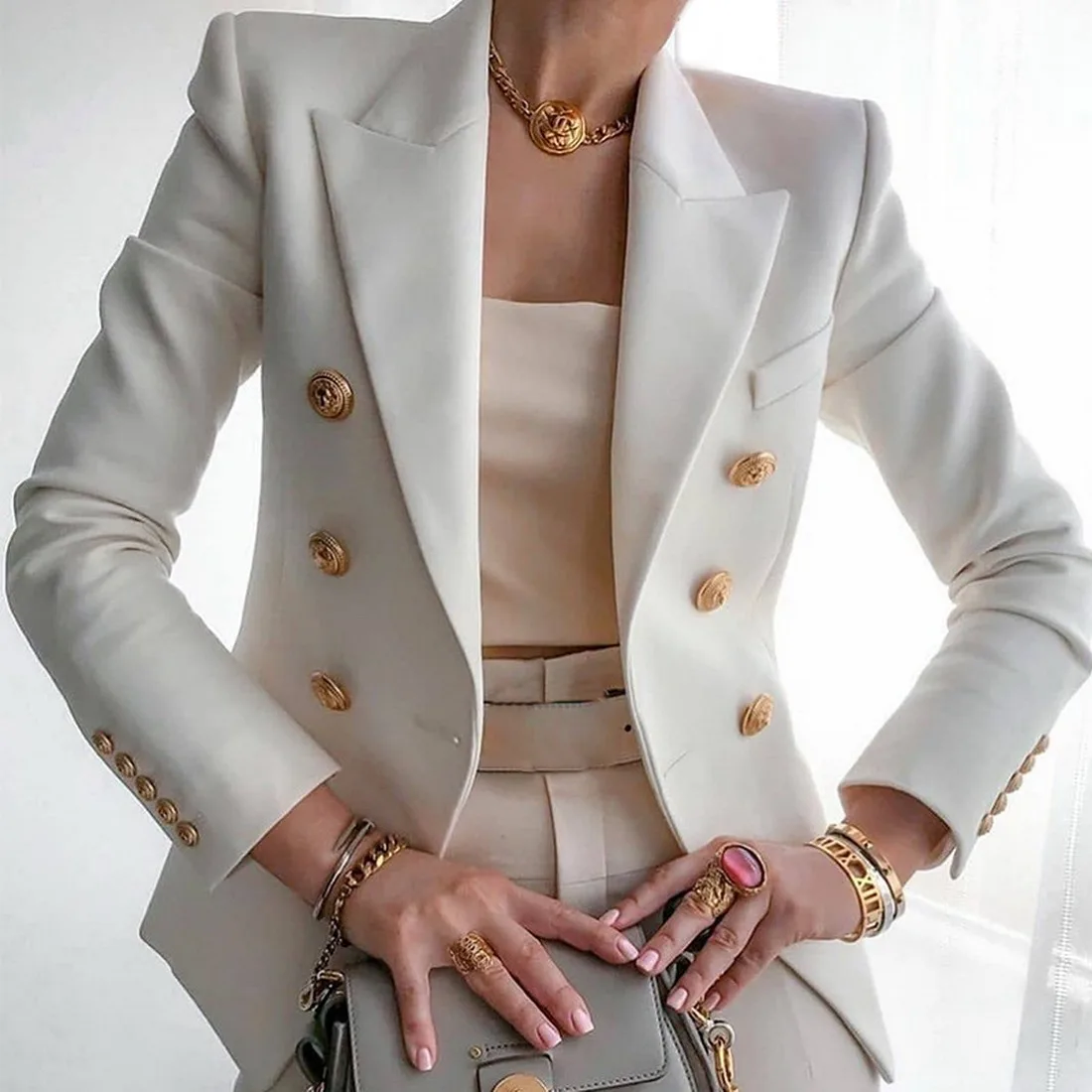 

Laamei Blazer Jacket Women's Double Breasted Metal Lion Buttons Blazer Slim Fitting Gorgeous Coat Office Ladies Outfit