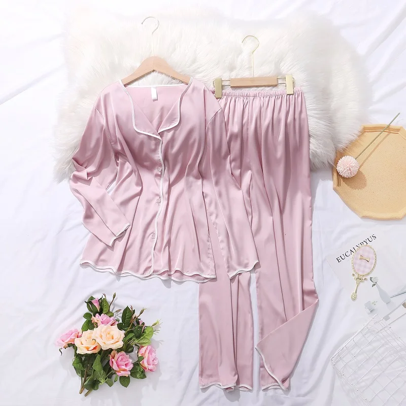 

Lisacmvpnel Ice Silk Solid Color Pyjamas Women's Spring And Summer New Long Sleeve Suit Pajama Set