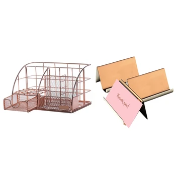 

3x Business Card Holder Rose Gold , 9 x 5 x 4.5 cm Stainless Steel & 1x Rose Gold Ladies Desktop Storage Box, Multi-Purpose Desk