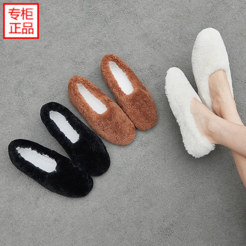 

2019 Spring New Style Fluffy Shoes Women's Genuine Leather round-Toe Slip-on Women's Shoes Leather Sheep Fur Single Shoes Lazy