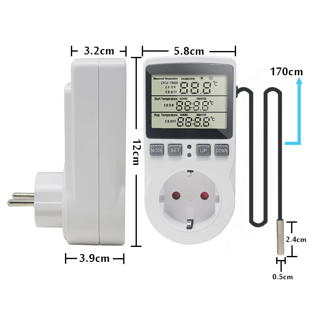 EU Timer Steckdose Thermostat 220V AC 16A Timer Schalter Steckdosen  Schalter Temperatur Regler mit Sensor - AliExpress