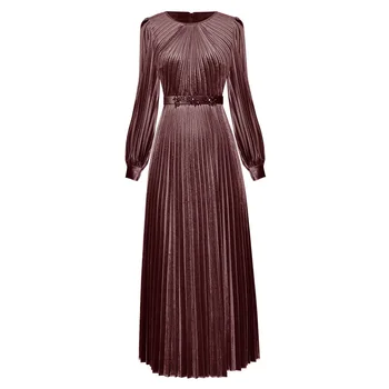 

Red RoosaRosee Designer Women new autumn fashion o neck full lantern sleeve slim waist fashion velvet temperament dress
