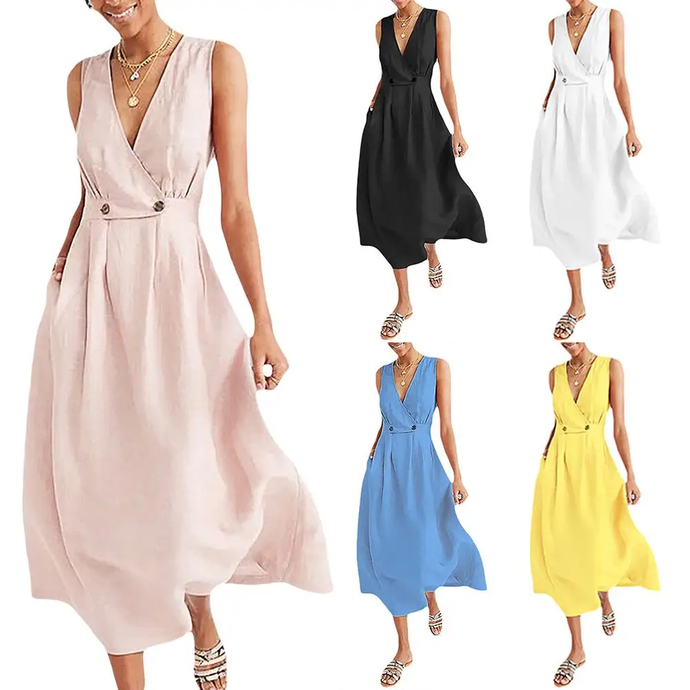 

Summer Solid Color Women Sexy Deep-V Large Swing Button Sleeveless Maxi Dress