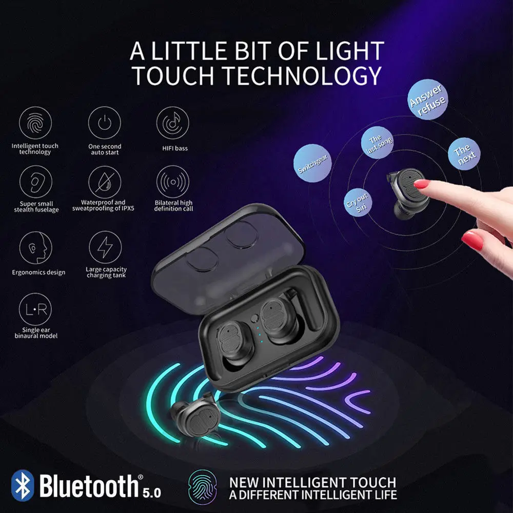 True Wireless Bluetooth 5.0 Headphones Smart Touch TWS Wireless Earphone Sport Stereo Earbuds Handsfree Hedset with Charging Box