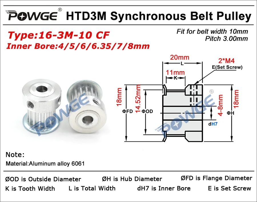 POWGE HTD 3 м 16 зубы синхронный шкив Диаметр 4/5/6/6,35/7 Plus/8 мм для Ширина 10 мм ремень 3M HTD3M привод со шкивами 16 зубчатые 16 T