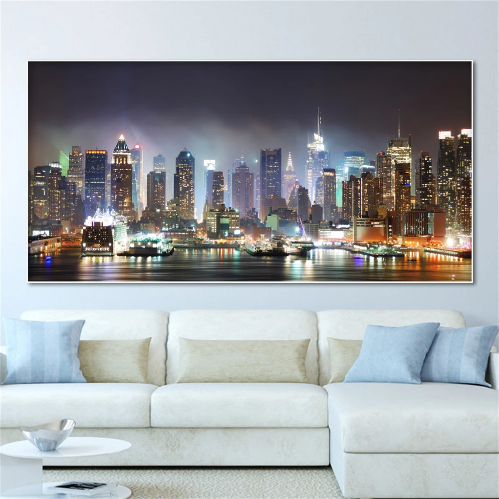 

Laeacco Canvas Painting Calligraphy Sparkling Night City Modern Posters and Prints Wall Art Picture for Living Room Home Decor
