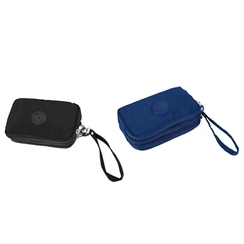 

2 Pcs Women Small Wallet Washer Wrinkle Fabric Phone Purse Three Zippers Portable Make Up Bag Dark Blue & Black
