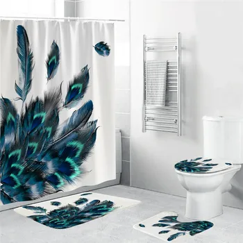 

Feathers Waterproof Bathroom Shower Curtain Toilet Cover Mat Non-Slip Floor Mat Rug Bathroom Set with Hooks
