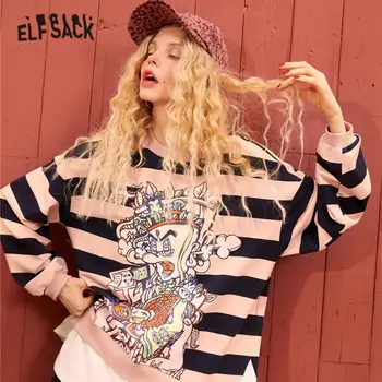 

ELFSACK Pink Colorblock Striped Graphic Print Casual Women Sweatshirts 2020 Spring Drop Shoulder Sleeve Two Pieces Ladies Tops