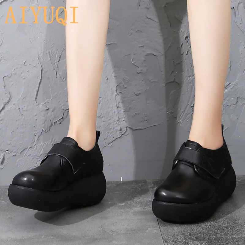 Genuine Leather Women's Shoes 2020 New Spring Fashion Retro Women's Singles Shoes Wedge Heel Platform High heel Shoes Ladies