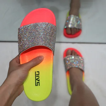 

rainbow bling slippers women outdoor soft beach slides for women summer flat sandals rhinestone slippers platform flip flops