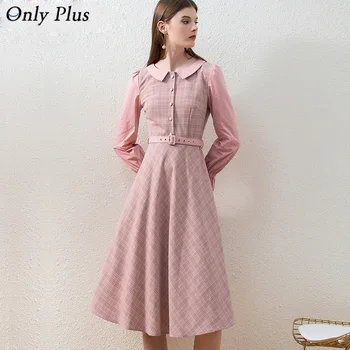 

Only Plus Winter Pink Women Party Dress Plaid Button Office Lady Long Sleeve Elegant Knee Dresses Fashion Belt Pocket Vestidos