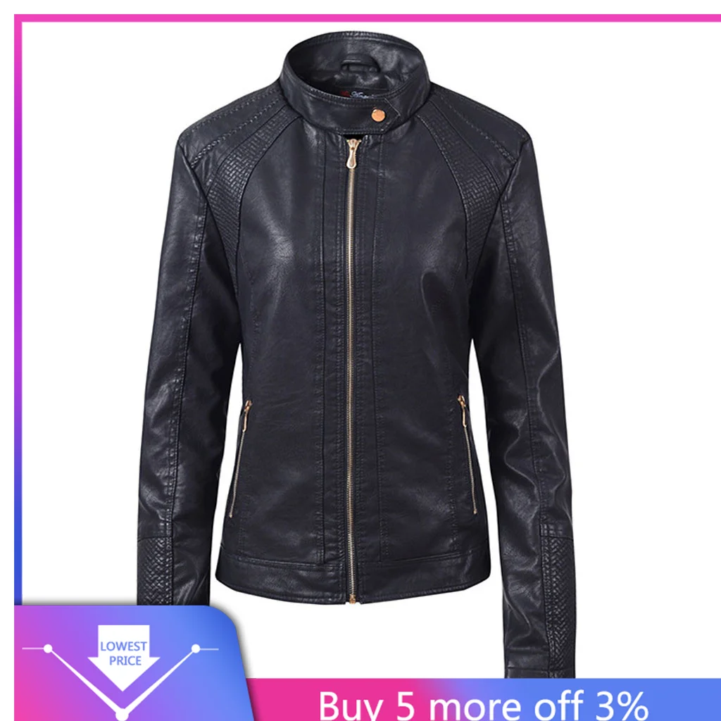 

Women Spring Autumn Pu Leather Jacket Casual Slim Soft Moto Jacket Biker Faux Leather Jacket Female Coat Basic Streetwear#3