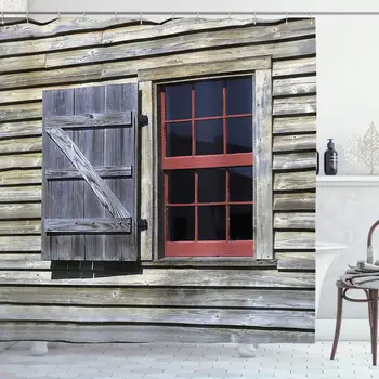

Country Shower Curtain, Original Wooden Window Shutters in Historical Village Image Cottage Theme Print, Cloth Fabric Bathroom