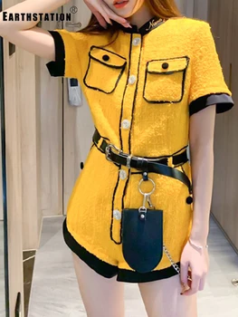 

Free shipping heavy craft contrast color stitching tweed woven jumpsuit shorts ladies summer new style temperament jumpsuit