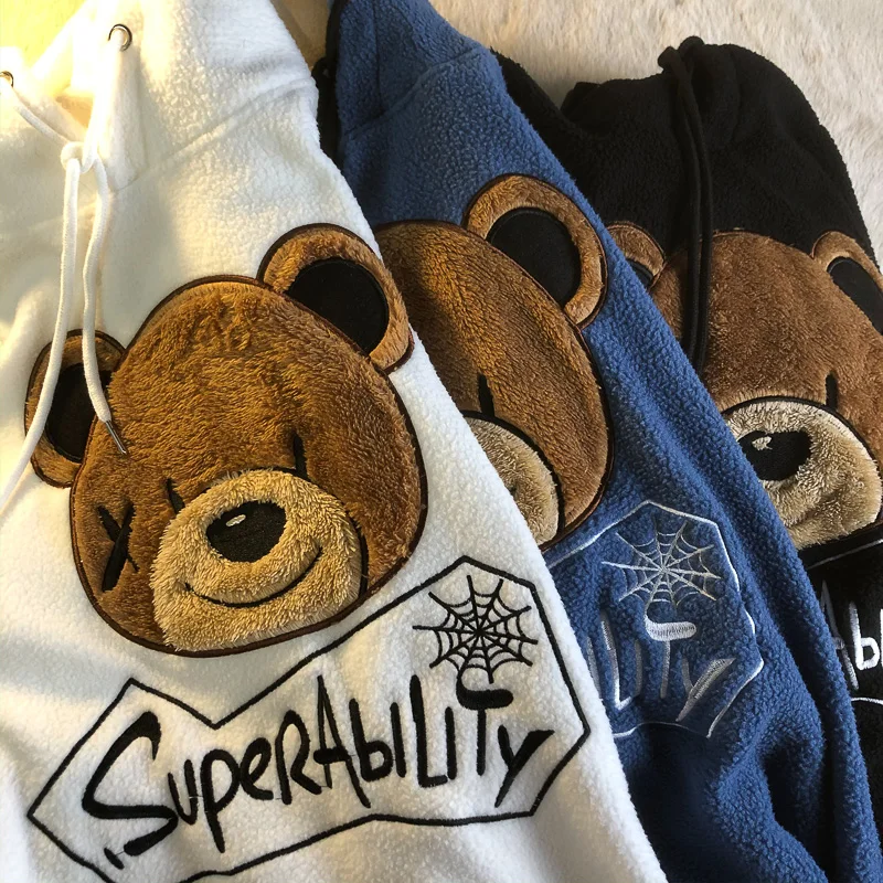 Sudadera con capucha de lana gruesa de terciopelo para mujer, suéter cálido con bordado de oso, abrigo Vintage, sudaderas holgadas de gran tamaño para adolescentes y niñas