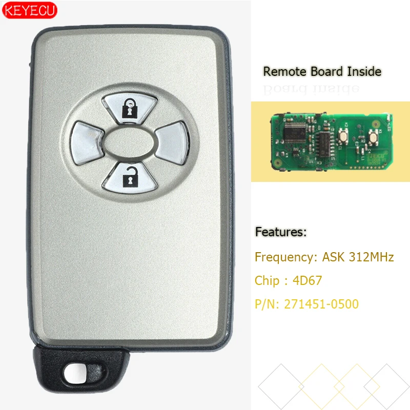Смарт ключ KEYECU 2 кнопки Fob ASK 312 МГц 4D67 чип для Toyota RAV4 / Allion премиo/Auris P/N: 271451 0500|Ключ от